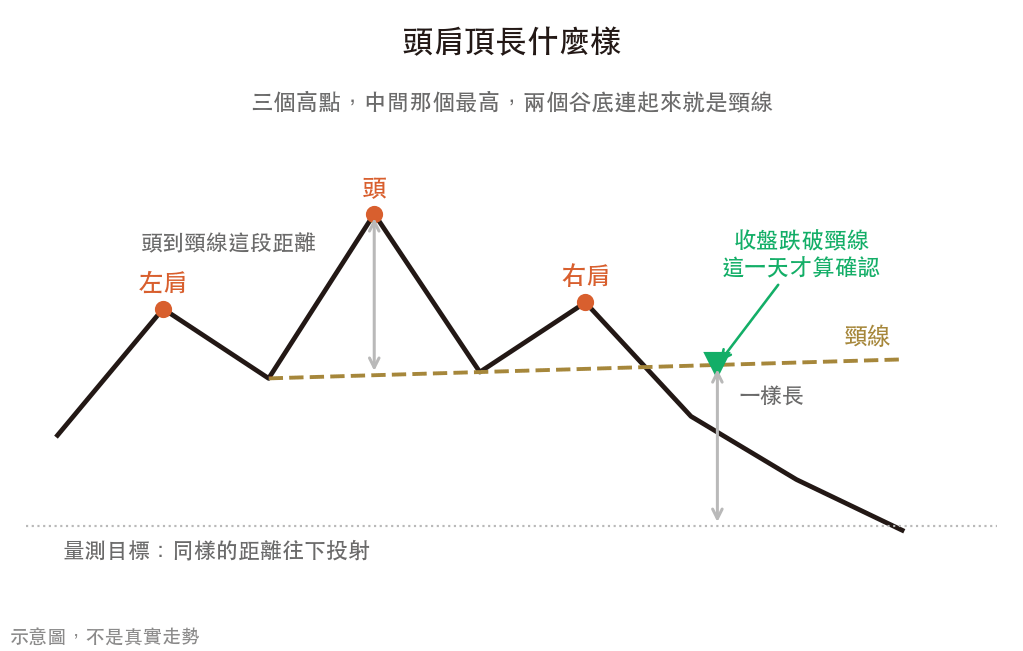 頭肩頂的左肩、頭、右肩、頸線與量測目標示意圖